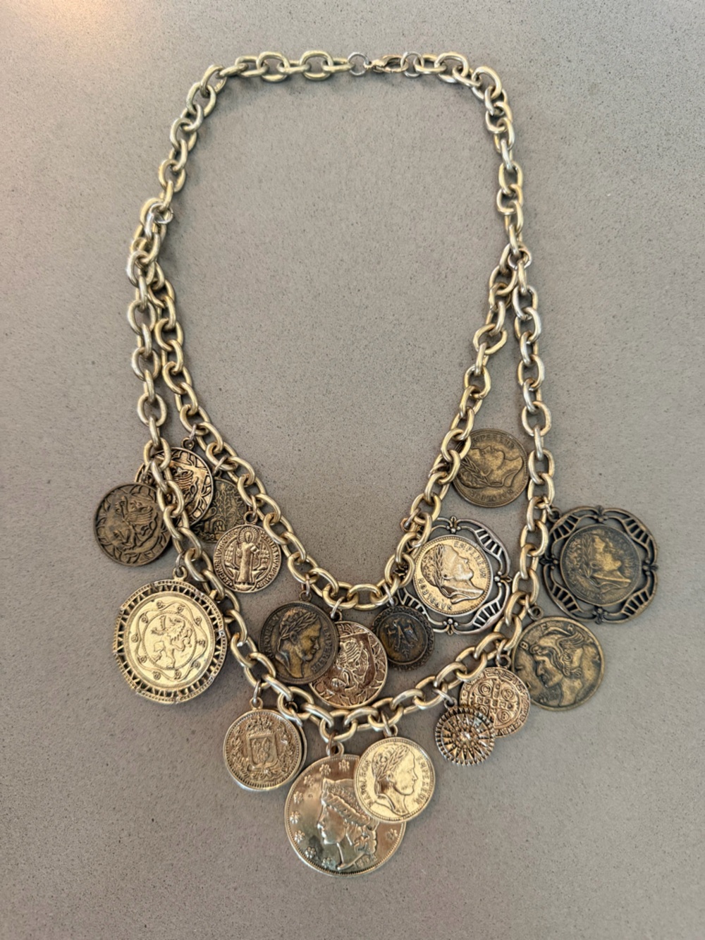 Vintage Gold Tone Layered Coin Charm Necklace | Chunky Roman Napoleon Statement